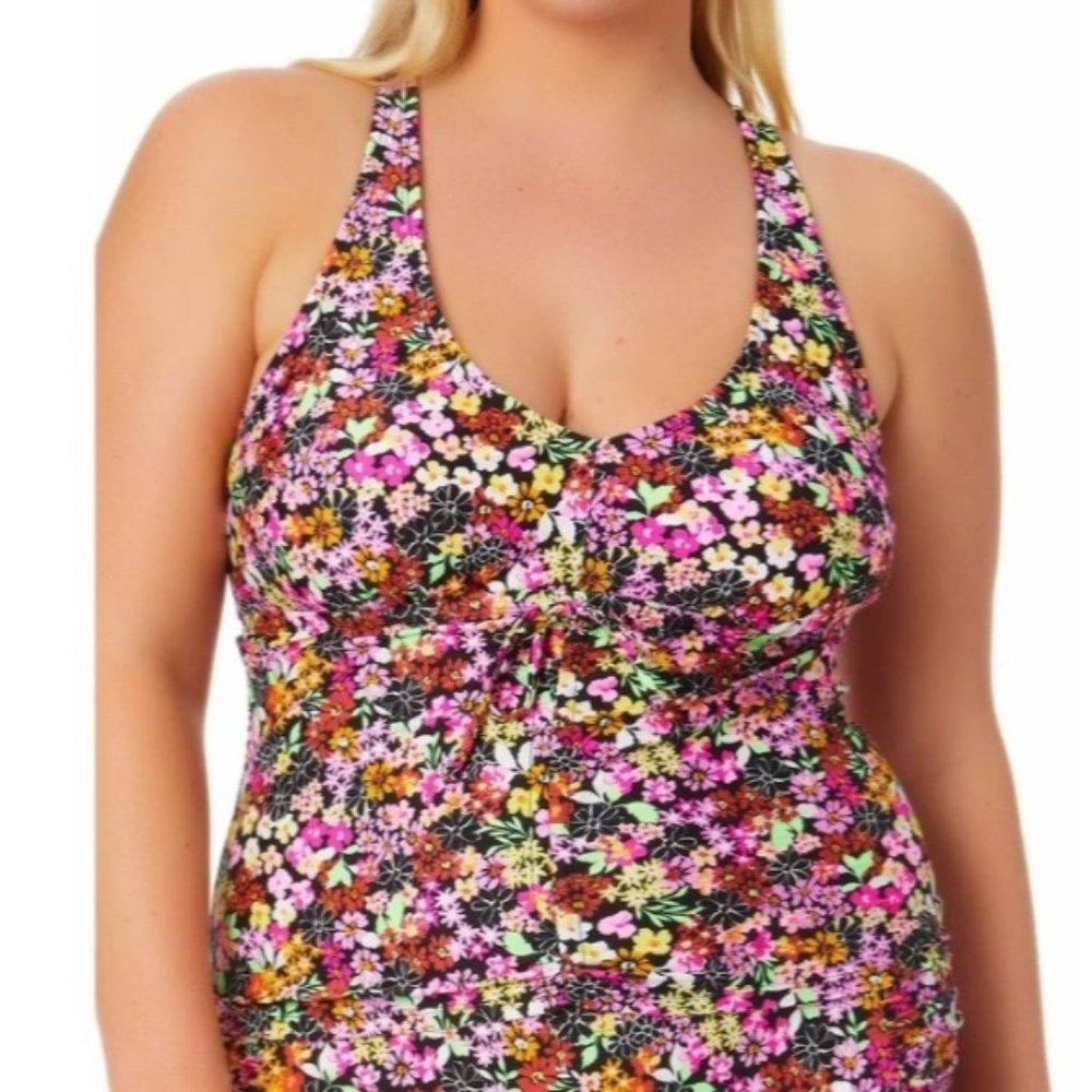 California Waves Women's Ditsy Print Drawstring Tankini Top Swimsuit Black Multi